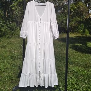 Urban Outfitters Flowy Long White Long Sleeve Maxi Cotton Dress